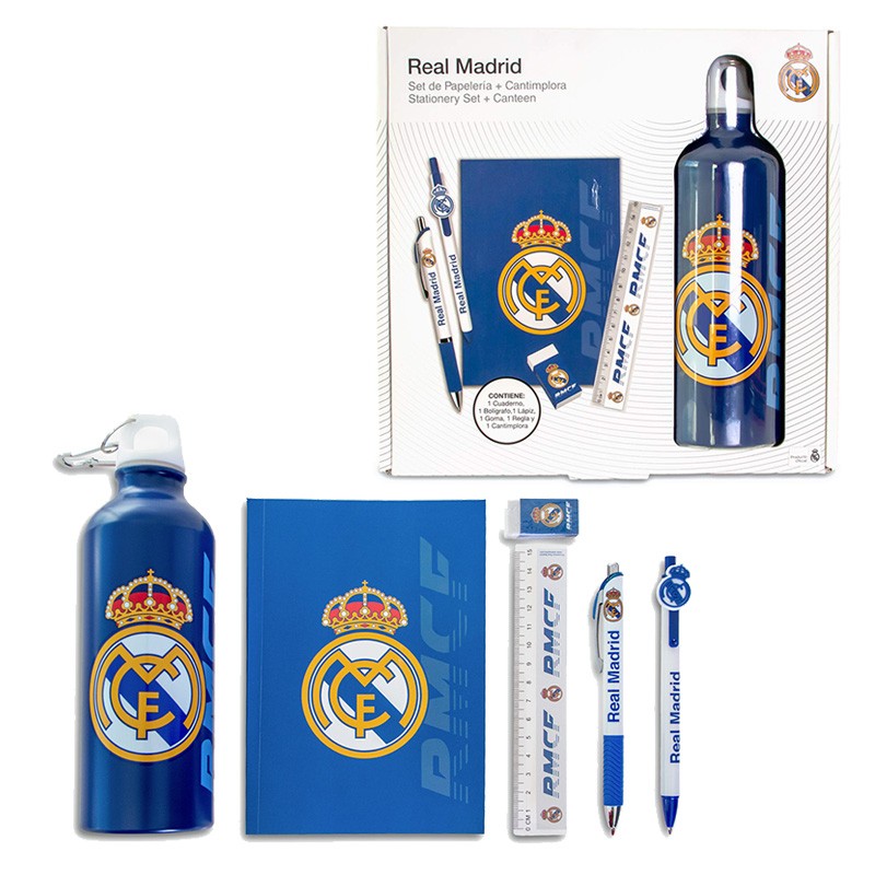 SET PAPELERIA CON BOTELLA 650 ML REAL MADRID