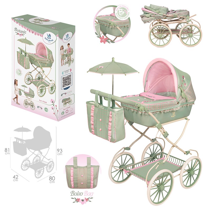 BOTANIC COCHE DE MUÑECA PLEGABLE BOTANIC CON SOMBRILLA Y BOLSO 93x80x42 CM