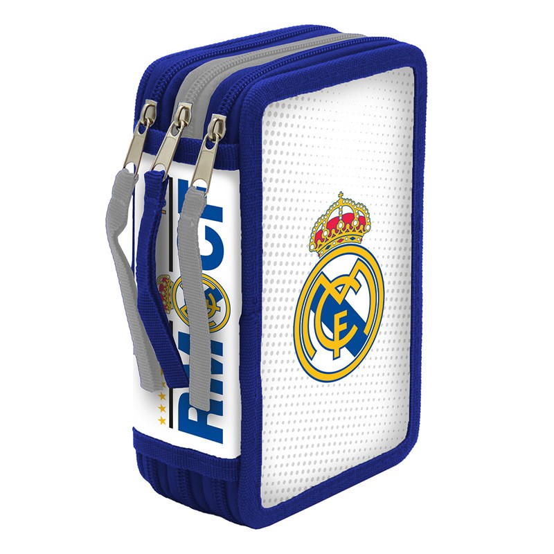 REAL MADRID PLUMIER 3 PISOS CON MATERIAL ESCOLAR